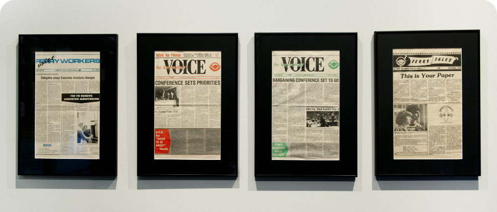 Framed archives of the Ferry Voice union publication